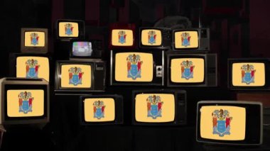 Flag of the State of New Jersey and Vintage Televisions. 4K Resolution.