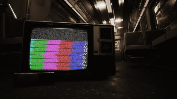 Vintage Television Set Turning Screen Empty Underground Subway Carriage Sepia — Stock video