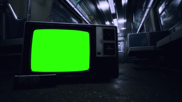 Metro Train Interior Old Television Set Turning Green Screen Blue — ストック動画