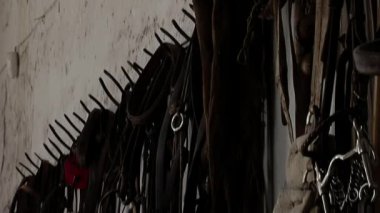 Geleneksel Gaucho Binicilik Aletleri Arjantin 'de bir ahırın içindeki duvardan sarkan atlara binerdi. Kapat..  