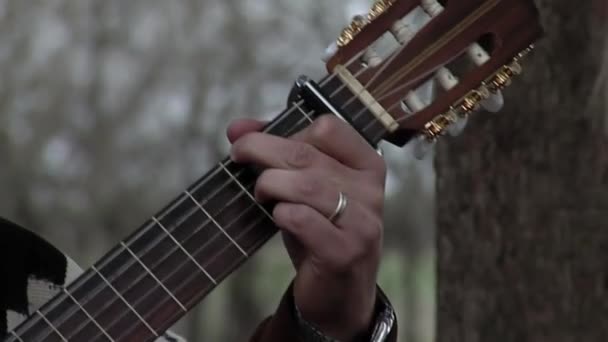 Argentine Gaucho Playing Classical Guitar Outdoors Close — Vídeo de stock