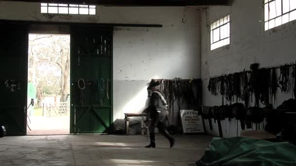 Gaucho Holding Horse Leather Bridles Stable Argentina — Vídeo de Stock