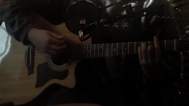 Man Playing Acoustic Guitar While Recording Dark Studio Close — Stock video