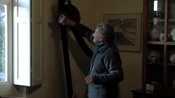 Пожилая Женщина Вытирает Пыль Арфы Тряпкой Гостиной — стоковое видео