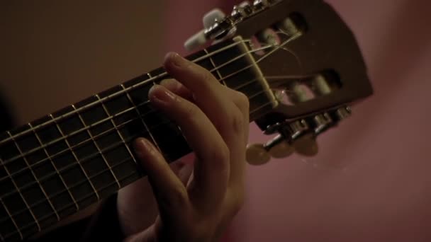 Young Man Practising Chords Classical Guitar Close — Vídeo de Stock