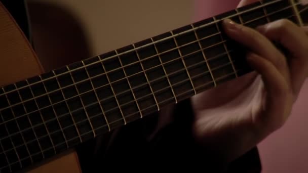 Young Man Practising Chords Classical Guitar Close — Vídeo de Stock