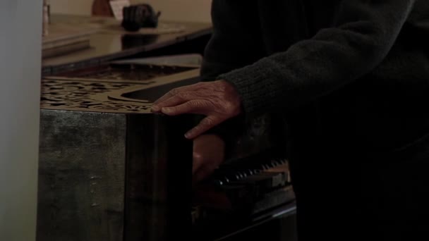 Elderly Woman Wiping Dust Old Piano Keys Cloth Close — стоковое видео