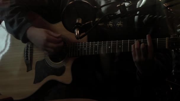 Man Playing Acoustic Guitar While Recording Dark Studio Close — Vídeo de Stock