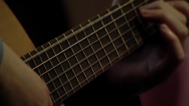 Man Hands Playing Classical Guitar Dark Room Close — Vídeo de Stock