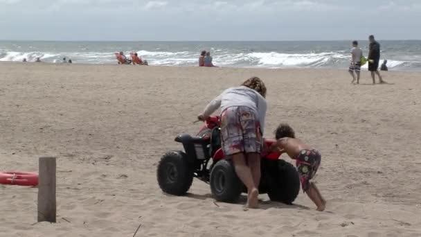 Man His Son Pushing Atv All Terrain Vehicle Quad Bike — Vídeos de Stock