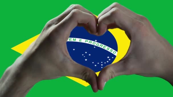 Σημαία Της Βραζιλίας Και Χέρι Σύμβολο Της Καρδιάς Χέρια Δείχνουν — Αρχείο Βίντεο