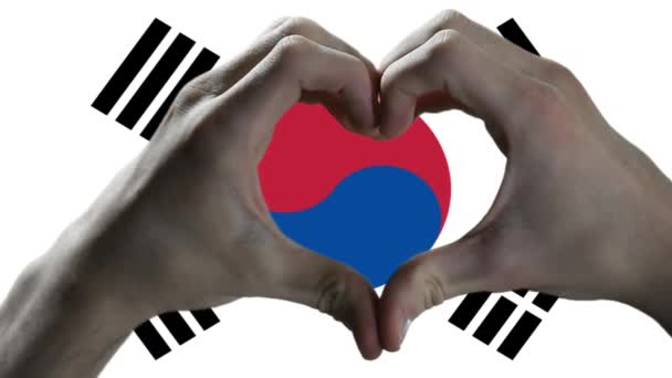 韓国の国旗と手のハートのシンボル 韓国の国旗に対するハートの形をした手 閉じろ — ストック動画