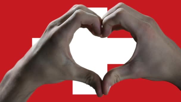 Σημαία Της Ελβετίας Και Χέρι Σύμβολο Της Καρδιάς Χέρια Δείχνουν — Αρχείο Βίντεο