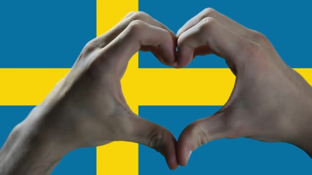Σημαία Της Σουηδίας Και Χέρι Σύμβολο Της Καρδιάς Χέρια Δείχνουν — Αρχείο Βίντεο