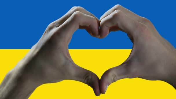 Σημαία Της Ουκρανίας Και Χέρι Σύμβολο Της Καρδιάς Χέρια Δείχνουν — Αρχείο Βίντεο