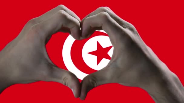 Flagga Tunisien Och Hand Hjärta Symbol Händer Som Visar Hjärtform — Stockvideo