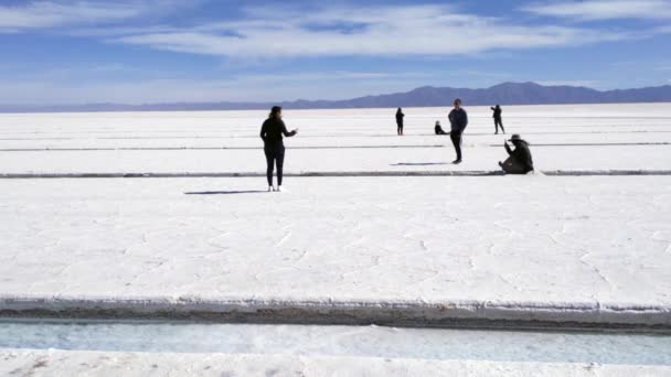 Turyści Salinas Grandes Salt Flats Prowincja Jujuy Północny Zachód Argentyny — Wideo stockowe