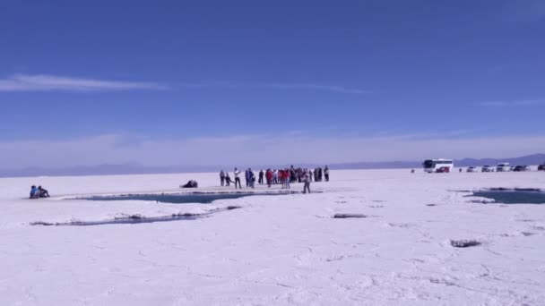 サリナスの目で観光客グランド塩フラット 7月州 アルゼンチンの北西部 南アメリカ — ストック動画