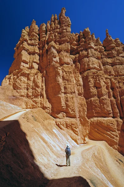 Wandelaar in een rode rots canyon in ochtend licht — Stockfoto