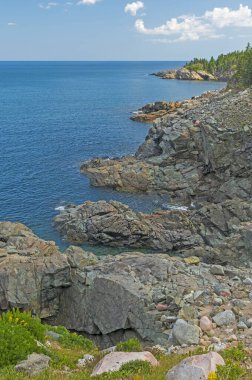 Kanada 'daki Cape Breton Ulusal Parkı' nda güneşli bir günde engebeli bir sahil şeridi