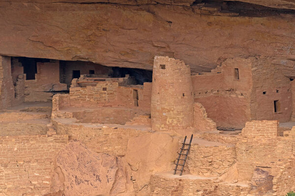 Towers and Walls in an Ancient Cliff Dwelling in Mesa Verde National Park in Colorado
