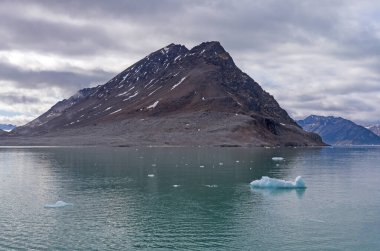Norveç 'in Svalbard adalarındaki Lilliehookfjorden' da çorak kaya ve buzlu sular.