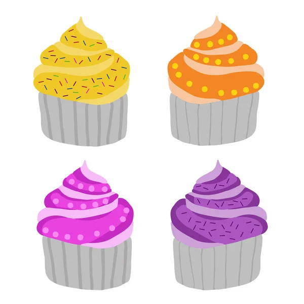 Cupcakes Doces Com Creme Bagas Cupcakes Vector Bonito Muffins Definido — Vetor de Stock