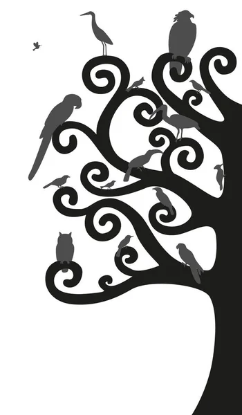 Árbol Celta Con Arabescos Aves Aves Diferentes Especies Siluetas Ilustración — Vector de stock