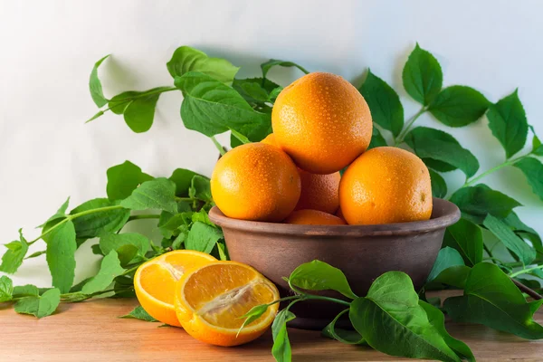 Naturaleza muerta de las naranjas en un tazón de arcilla con ramas verdes — Foto de Stock