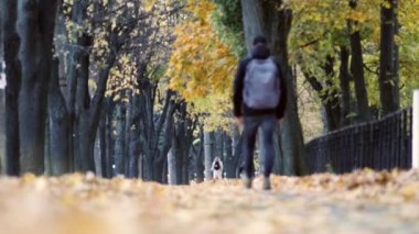 Tanımlanamayan insanların siluetleri parkta yol boyunca yürüyor. Öğrenciler