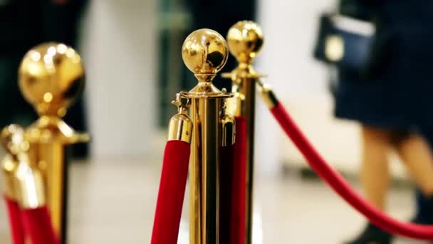 Velvet red luxury ropes closed at valuable exhibit in museum or vip zone concert — стоковое видео