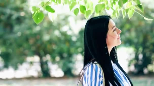 美丽而快乐的恋爱中的年轻女子在白桦树枝条上的绿叶间漫步 — 图库视频影像
