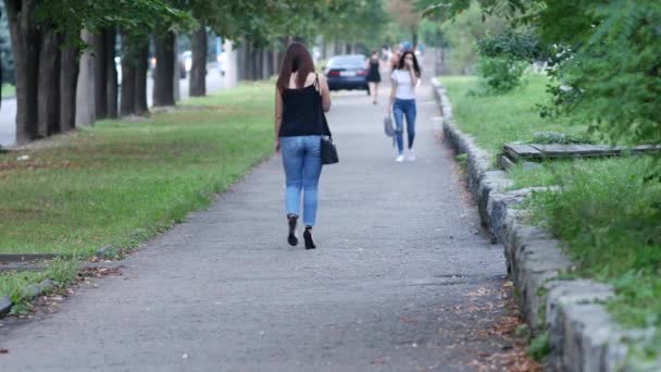 Giovane donna in jeans e camicetta sta parlando al telefono mentre cammina per strada — Video Stock