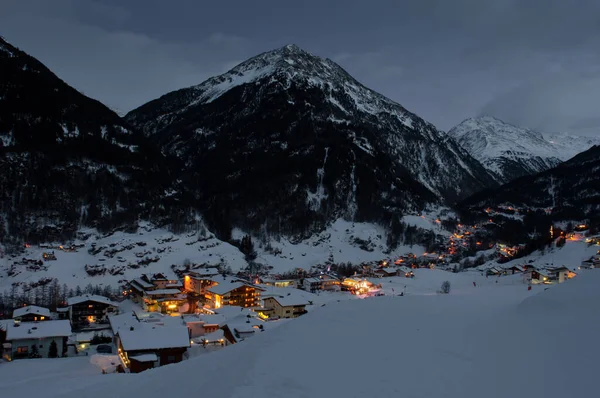 Soelden Austria January 2012 Гірськолижний Курорт Сольден Взимку Після Заходу — стокове фото