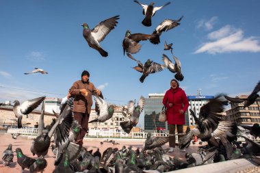 İSTANBUL, TURKEY - 18 Mart 2013: İstanbul sokaklarında güvercinleri besleyen bir kadın.