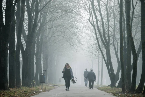 OBNINSK, Oroszország - NOVEMBER 2 2021: Az emberek egy ködös sikátorban sétálnak — Stock Fotó