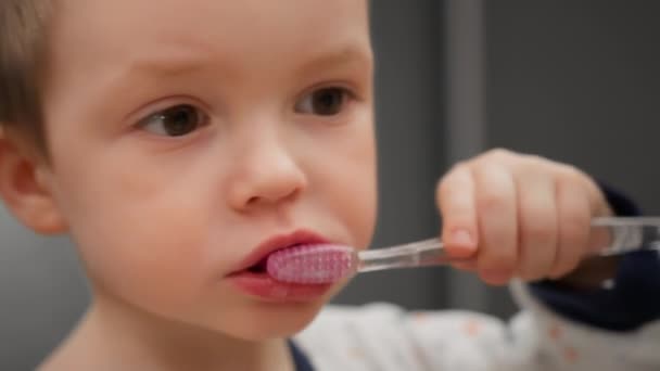 Retrato de menino loiro fazendo higiene oral, de pé e olhando no espelho. Menino limpa os dentes da cárie e placa com escova de dentes com pasta de dentes, em pé na frente do banheiro. — Vídeo de Stock