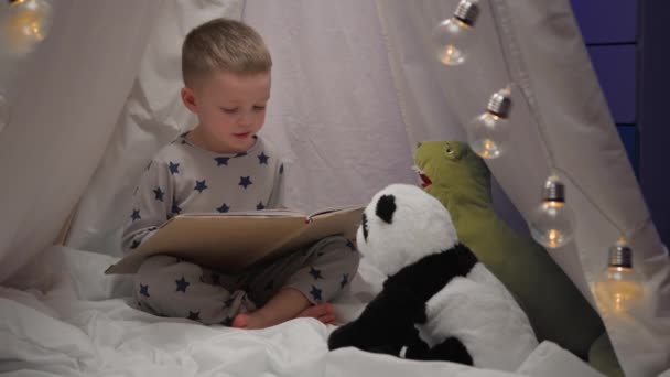 Menino loiro bonito lê histórias para seus amigos ursinho de pelúcia panda e rex dinossauro verde, sentado em casa à noite dentro de wigwam tenda artesanal branca com guirlandas ardentes. Amizade infantil. — Vídeo de Stock