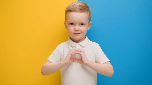 Small blond boy expresses love by showing heart sign with his hands near his chest while standing on blue-yellow studio background. Call to love, hands in shape of heart, Ukraine with love. — Stock Photo, Image