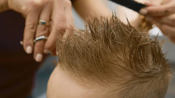 Blond caucasian boy is sitting in barber shop and hairdresser girl is cutting his hair. Child gets fashionable haircut, hairdresser cuts child hair with scissors. Close up of hairdresser cutting hair. Stock Photo