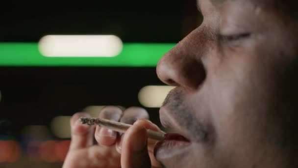 Lips Blowing Smoke Black Background Portrait Gangster Smokes Marijuana Cannabis — 图库视频影像