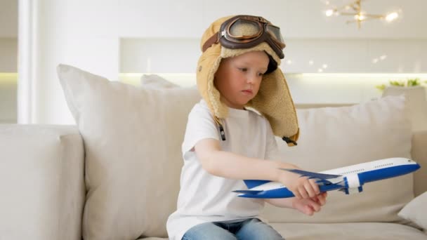 Portrait Year Old Caucasian Child Glasses Pilot Hat Plays Home — Stock Video