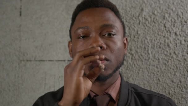 Portrait African American Man Shirt Tie Smoking Standing Gray Wall — Video Stock