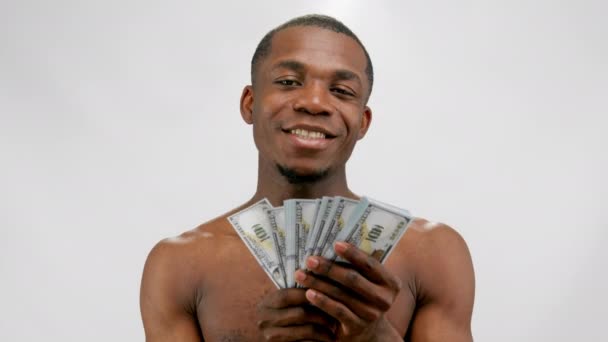Young Sporty African American Man Bare Torso Holds Dollar Bills — Αρχείο Βίντεο