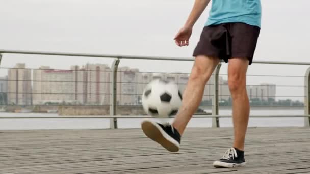 Stylish Sportsman Enjoys Juggling Ball Wooden Bridge Young Freestyler Shows — Stock Video