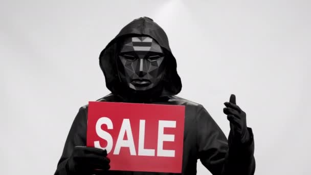 Anonymous Announces Discounts Shops Dancing Red Plate Sale Person Dressed — Stockvideo