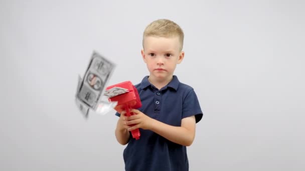 Preschooler Boy Plays Red Money Gun Excited Kid Looks Banknotes — Stock Video