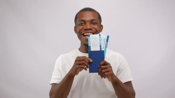 African American Man Holds Tickets Visit Favourite Country Young Cast — Wideo stockowe