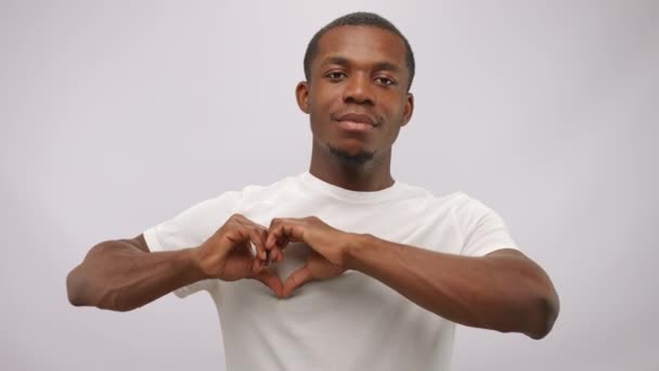 Black Actor Shows Hand Heart Describing True Feelings Smiling African — Stockvideo