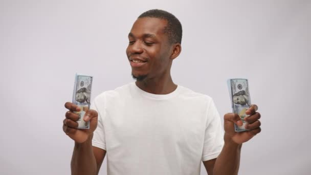 Young Man Wearing White Shirt Holds Big Bunch Money Cash — Wideo stockowe